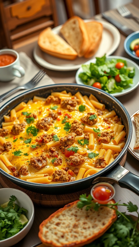 Quick and Easy Family Dinner Ideas for Six A hearty pasta and meat dish served in a skillet, garnished with parsley, alongside a side salad and garlic bread.